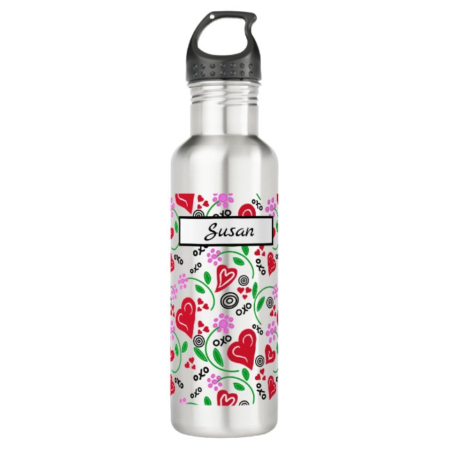 Red Hearts Pink Flowers Water Bottle (Front)