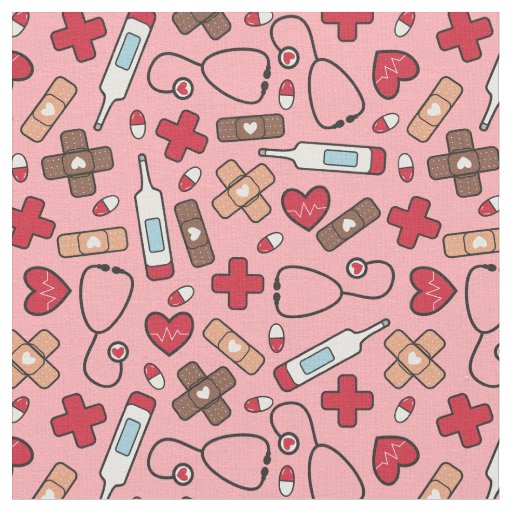 Red Hearts Pink Nurse Doctor Pattern Fabric