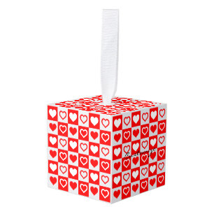 Red Hearts Plaid Pattern Thunder_Cove Cube Ornament