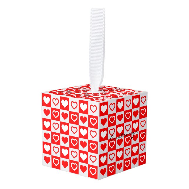 Red Hearts Plaid Pattern Thunder_Cove Cube Ornament (Front Angled)