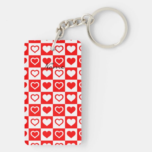 Red Hearts Plaid Pattern Thunder_Cove Keychain (Back)