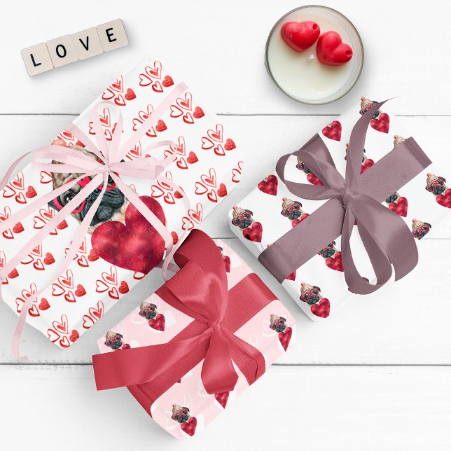 Red Hearts Pug Dog Lover Valentines Gift Wrapping Paper Sheets (Creator Uploaded)
