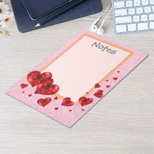 Red Hearts & Rose Glitter Large Notepad