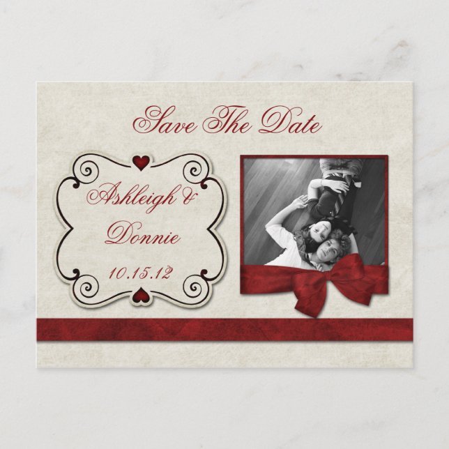Red Hearts Scrolls Ribbon Photo Save The Date Announcement Postcard (Front)