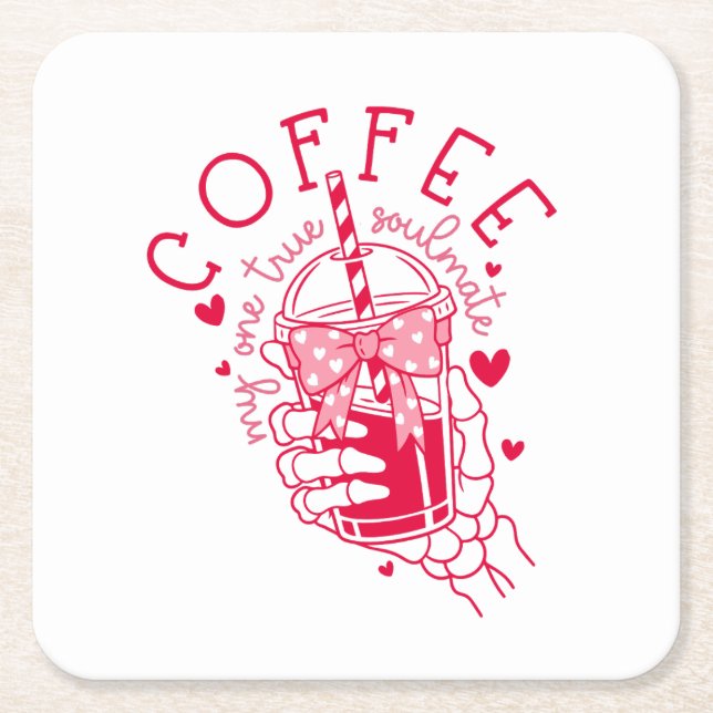 Red Hearts Skeleton Coffee Soulmate Square Paper Coaster (Front)