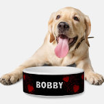 Red Hearts Sparkles Dots Pattern Name Bowl<br><div class="desc">Red Hearts Sparkles Dots Pattern Name Bowl. This simple and stylish design comes with red hearts,  sparkles and dots on a black background. Add your dog's name.</div>