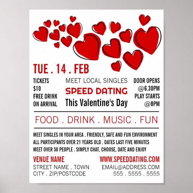Red Hearts, Speed Dating Event Advertising Poster (Front)