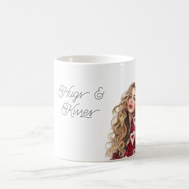 Red Hearts Sweater Girl Valentine Hugs Kisses Coffee Mug (Center)