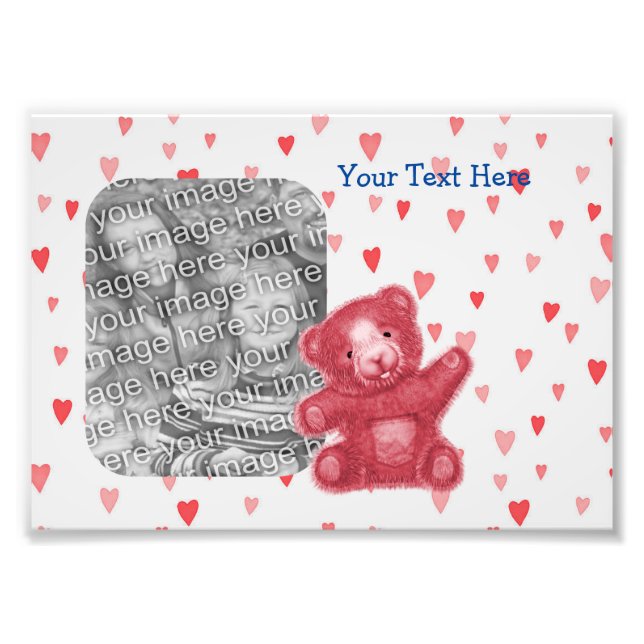 Red Hearts Teddy Bear Cute Photo Frame Template (Front)