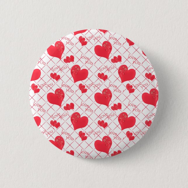 Red hearts, text, "love you", red and white . button (Front)