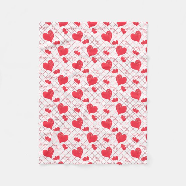 Red hearts, text, "love you", red and white . fleece blanket (Front)