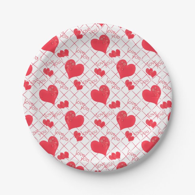 Red hearts, text, "love you", red and white . paper plates (Front)