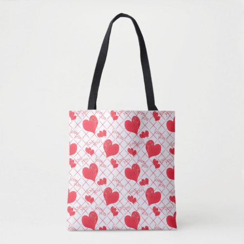 Red hearts text love you red and white  tote bag