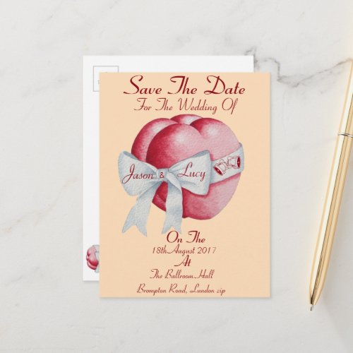 red hearts tied white bow ribbon save the date announcement postcard