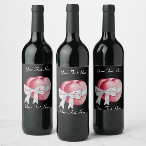 red hearts tied with white bow ribbon wedding wine label