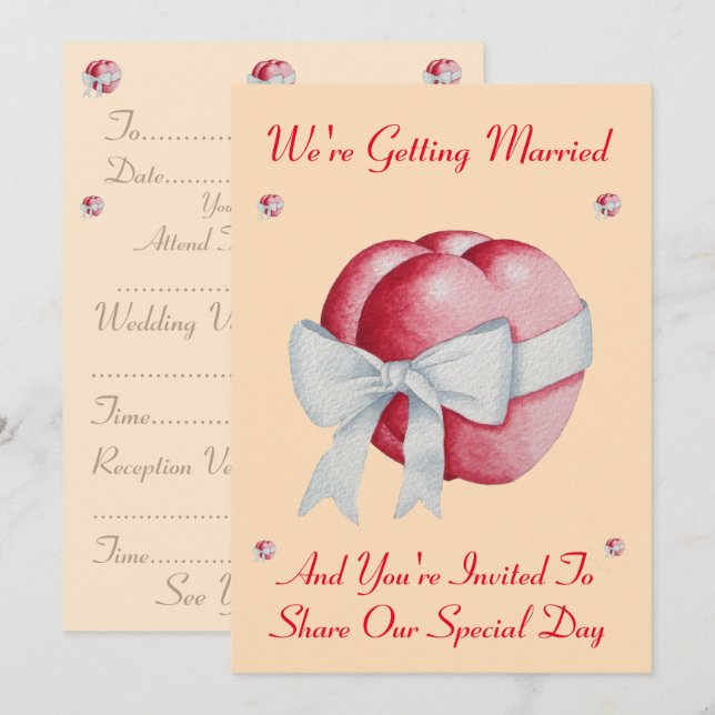 red hearts tied with white bow unique wedding invitation (Front/Back)