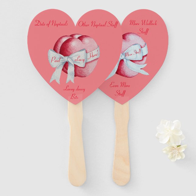 red hearts tied with white bows for wedding hand fan (Front and Back)