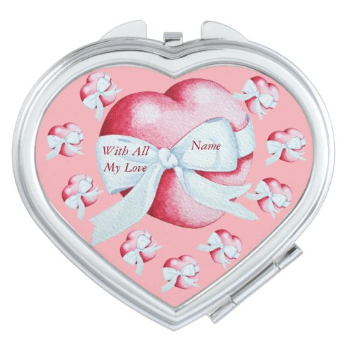 red hearts tied with white ribbon bow compact mirror