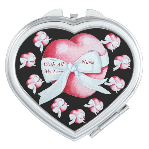 red hearts tied with white ribbon bow makeup mirror