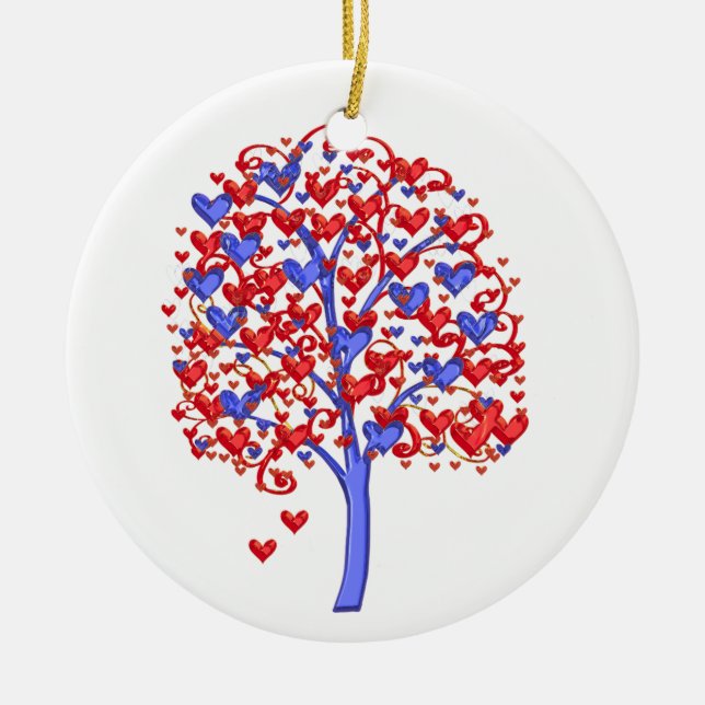 Red Hearts Tree Valentine Ceramic Ornament (Front)