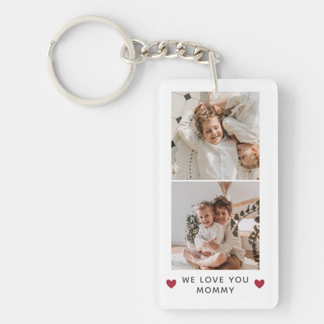 Red Hearts Two Square Photos We Love You Mommy Keychain (Front)