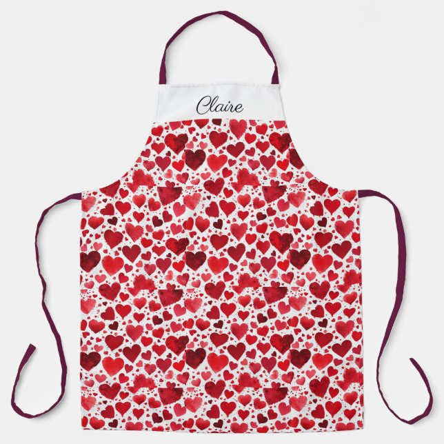 Red Hearts Valentine Apron. Editable name. Apron (Front)