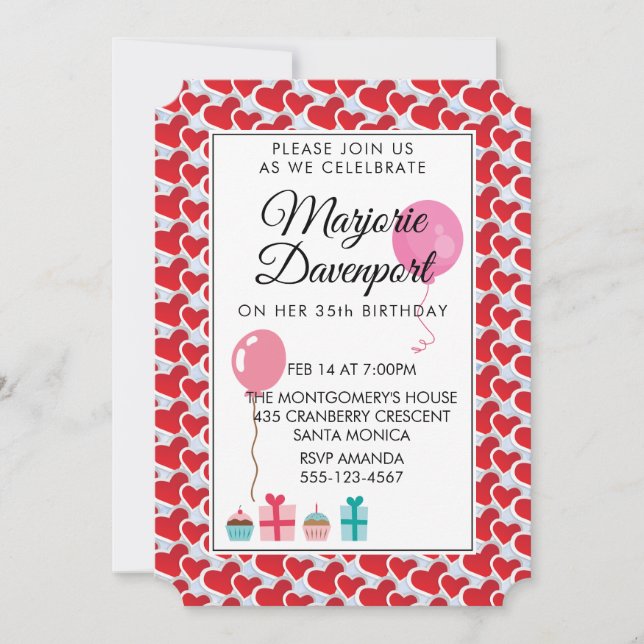 Red hearts Valentine Birthday Party Invitation (Front)