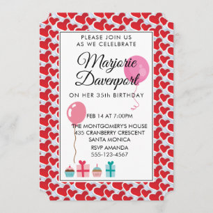 Red hearts Valentine Birthday Party Invitation