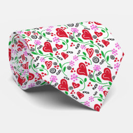 Red Hearts Valentine Pink Flowers Neck Tie
