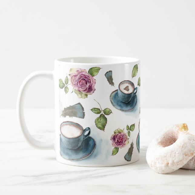 Red Hearts Valentine’s Day Watercolor Roses Coffee Mug (With Donut)
