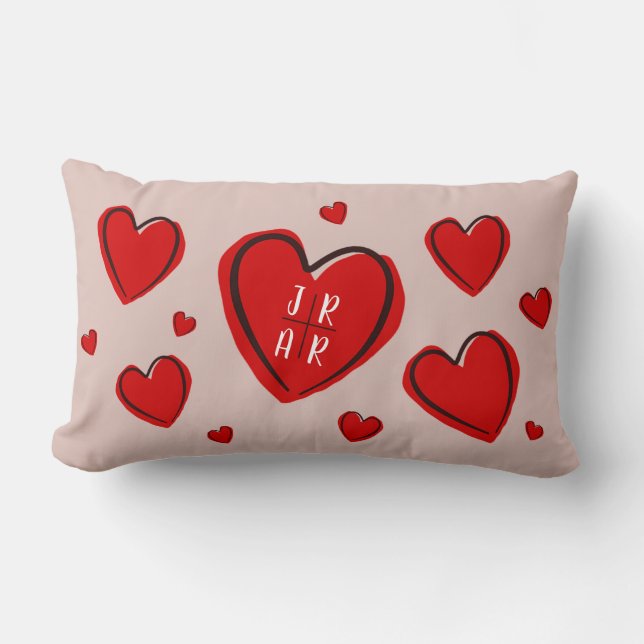Red Hearts Valentine's Day Couple's Custom Pink Lumbar Pillow (Front)
