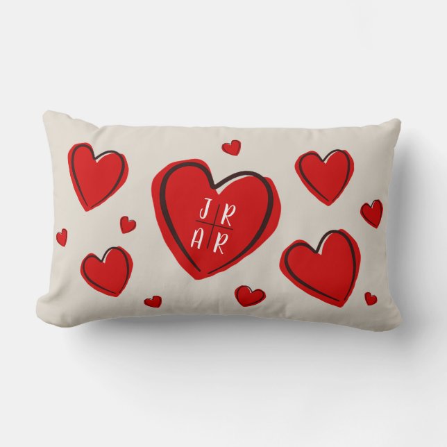 Red Hearts Valentine's Day Couple's Custom Tan Lumbar Pillow (Front)
