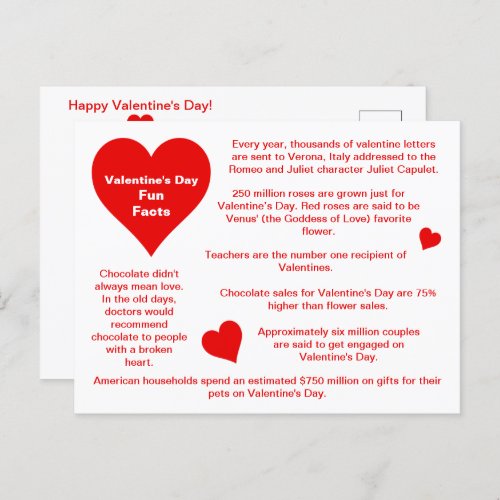 Red Hearts Valentines Day Fun Facts Postcard