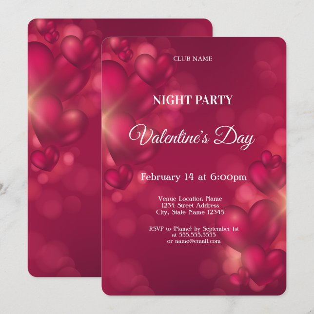 Red Hearts Valentine's Day Night Party  Invitation (Front/Back)
