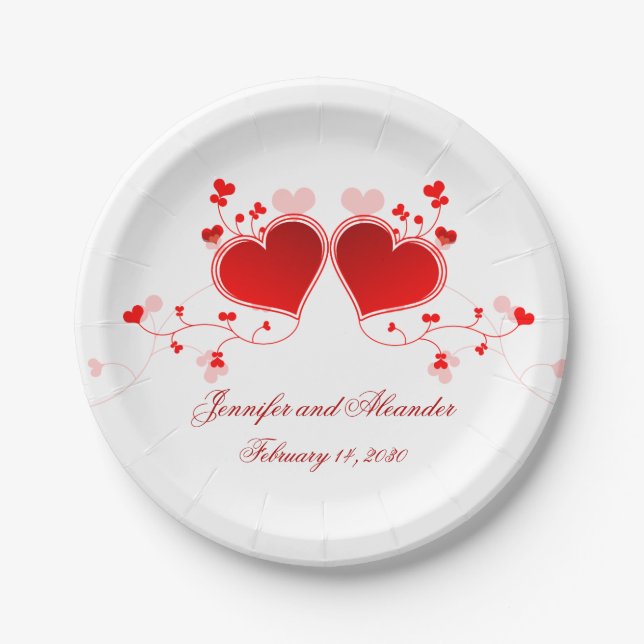 Red Hearts Valentine's Day Wedding Paper Plates (Front)