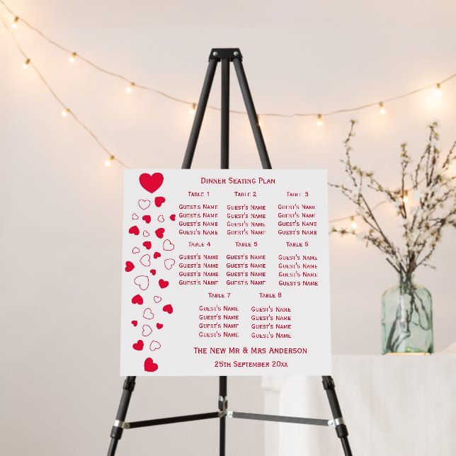 Red Hearts Valentines Day Wedding Seating Chart Foam Board (In Situ (Stand))