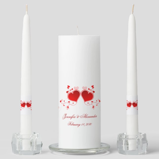 Red Hearts Valentines Day Wedding Unity Candle Set (Front)