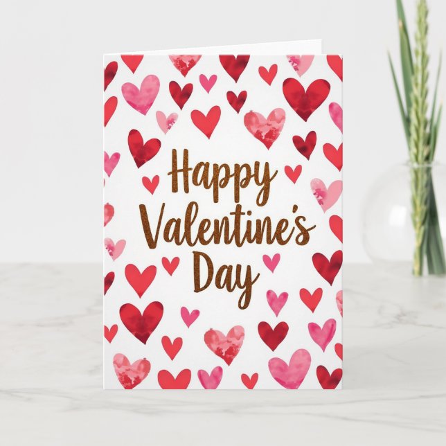Red Hearts Watercolor Valentines Card (Front)
