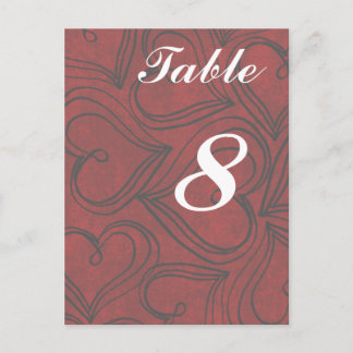 Red Hearts Wedding Table Cards numbers Postcard
