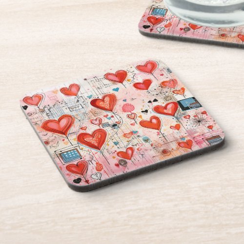 Red Hearts Whimsical Love Pattern Beverage Coaster