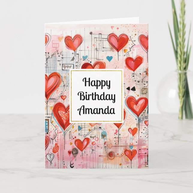 Red Hearts Whimsical Love Pattern Birthday Card (Front)