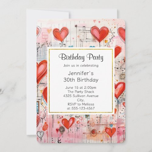 Red Hearts Whimsical Love Pattern Birthday Invitation