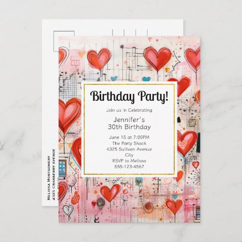 Red Hearts Whimsical Love Pattern Birthday Invite