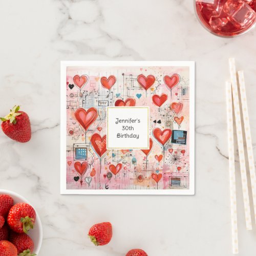  Red Hearts Whimsical Love Pattern Birthday Napkins
