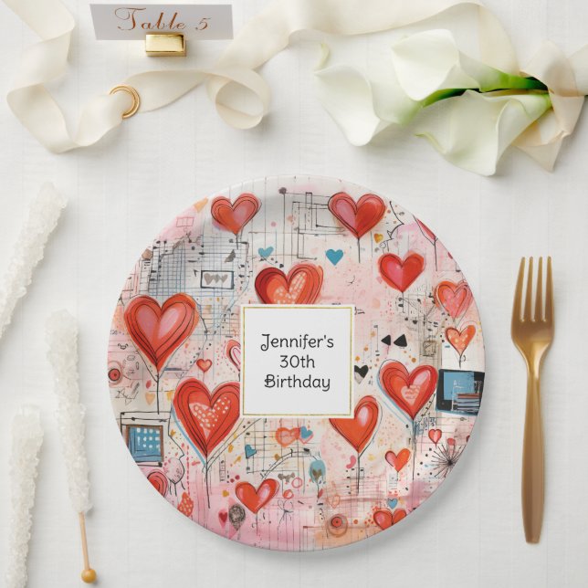 Red Hearts Whimsical Love Pattern Birthday Paper Plates (Wedding)
