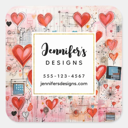 Red Hearts Whimsical Love Pattern Business Square Sticker