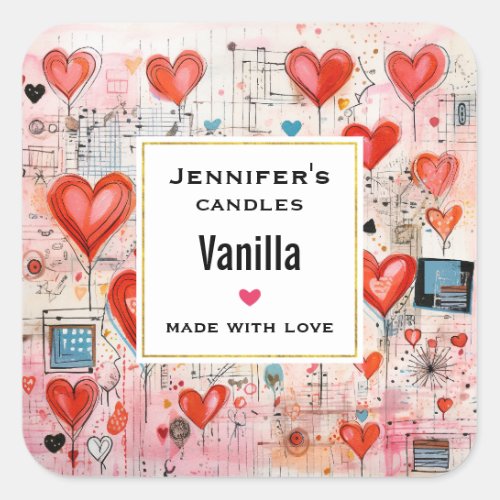 Red Hearts Whimsical Love Pattern Candle Business Square Sticker