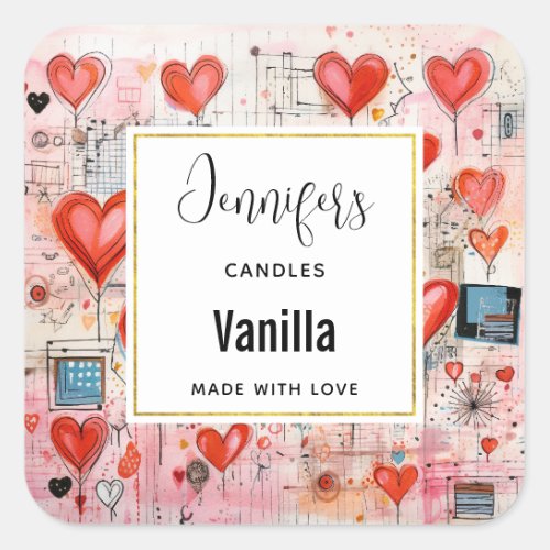  Red Hearts Whimsical Love Pattern Candle Business Square Sticker