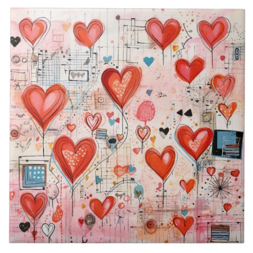 Red Hearts Whimsical Love Pattern Ceramic Tile