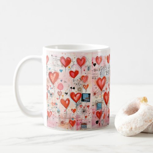 Red Hearts Whimsical Love Pattern Coffee Mug